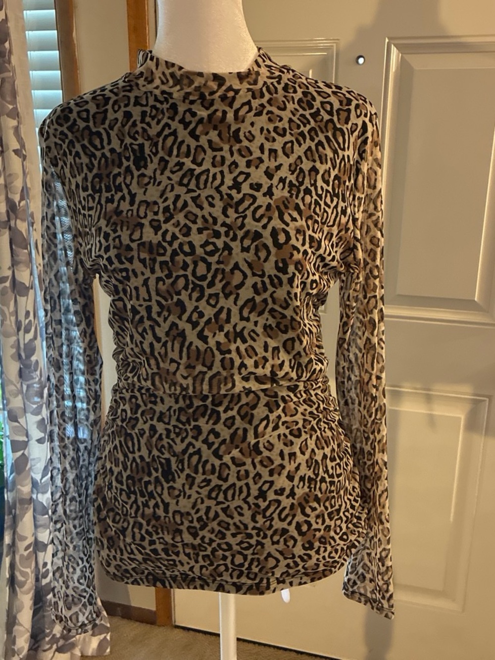 Adrianna Papell Leopard Print Long Sleeve Top in Tan and Black